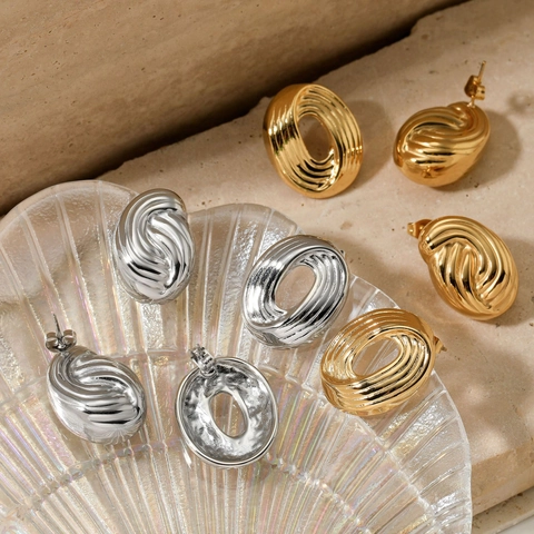 Stainless Steel Oval Threaded Earrings For Women Hollow Geometric Spiral Texture Minimalist Elegant Jewelry