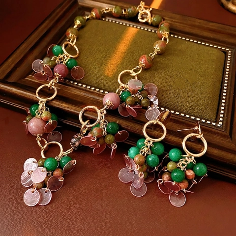 Joyas Vintage Collar Y Pendientes Piedra Natural Concha Borla Oro Estilo Bohemio Para Mujeres Con Poste De Plata