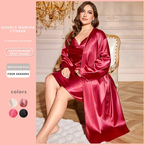 Plus Size Women Satin Pajamas V Neck Nightgown And Long Sleeve Robe Imitation Satin Sleepwear Satiny Solid Color Lounge