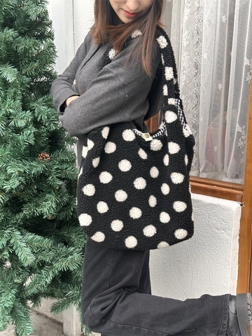 Plüsch Polka Dot Eimer Tragetasche Kunstfell Schulter Handtasche Winter Mode Streetwear Für Damen