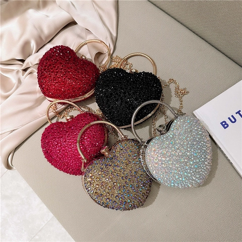 Heart Shaped Rhinestone Evening Clutch Bag Luxury Glitter Mini Crossbody Bag With Metal Handle For Party Wedding