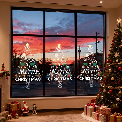 Christmas Tree Window Sticker Static Cling PVC Removable No Glue Double Sided UV Print Festive Holiday Glass Decor