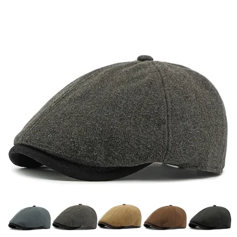 British Retro Herringbone Newsboy Cap Winter Warm Fleece Lined Adjustable Flat Cap For Men Women