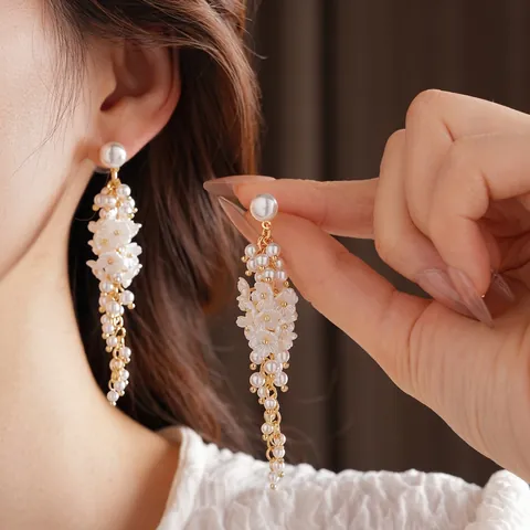 Orecchini Pendenti Eleganti Con Nappa A Fiore E Perla Artificial Per Donna Con Perno In Argento Gioielli Chic Moda Stile Vintage Francese