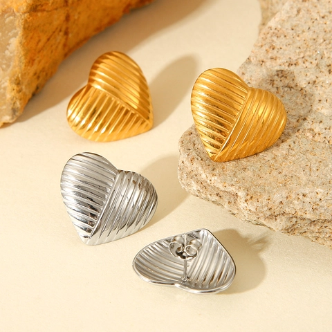Hart Oorknopjes Roestvrij Staal 18K Verguld Geribbelde Golvende Textuur Minimalistische Mode-Sieraden Voor Dames