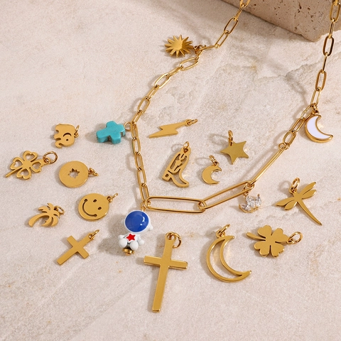 Gold Plated Stainless Steel Pendants DIY Jewelry Making Hypoallergenic Waterproof Charms Moon Elephant Star Clover Fashion