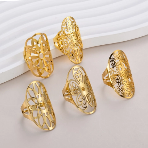 Vintage Stainless Steel Ring Hollow Flower Mandala Pattern Wide Face Bohemian Gold Plated Fashion Jewelry For Women