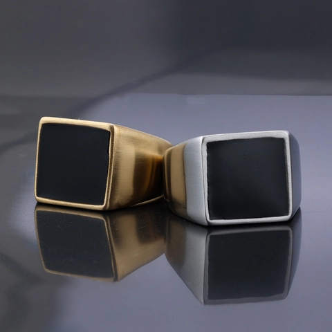 Anillo De Sello Cuadrado Acero Inoxidable Esmalte Negro Minimalista Geométrico Pulido Joyería Hombre Mujer