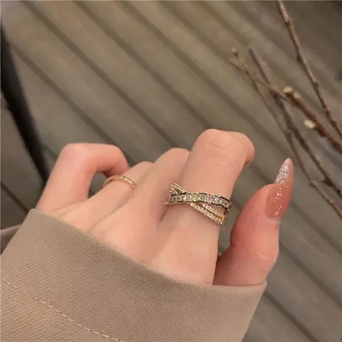 Cross X-Shape Copper Ring With Sparkling Cubic Zirconia Adjustable Open Band Minimalist Fashion Jewelry For Women