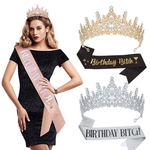 Set Corona di Compleanno in Strass Tiara e Fascia in Raso Birthday Bitch Queen Girl Accessori per Donna Decorazioni per Feste