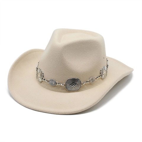Western Cowboy Hat Wide Brim Cotton Polyester Blend Vintage Metal Chain Decoration Adjustable Windproof Rope For Men Women