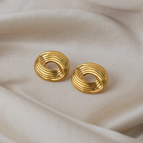 Collana E Orecchini A Lobo Ovali Con Righe A Spirale In Acciaio Inossidabile Placcato Oro 18K Impermeabile Per Donna
