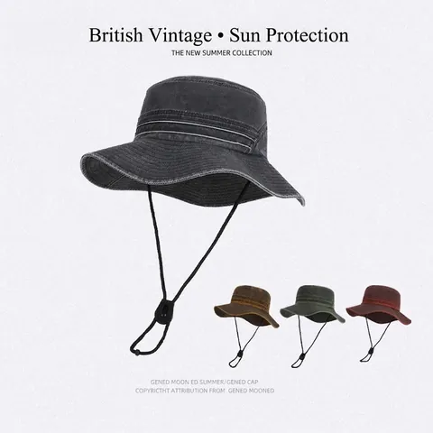 British Vintage Washed Bucket Hat Wide Brim Breathable Sun Protection Outdoor Fishing Hiking Cap With Adjustable Windproof Rope