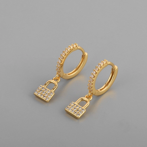 Koperen Hangslot Hoop Oorbellen Met 925 Sterling Zilveren Oorsteker Pavé Zirkon Slot Bedel Elegante Sieraden Voor Vrouwen