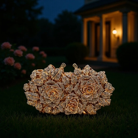Luxury Rose Flower Evening Clutch Bag For Women Rhinestone Encrusted Alloy Metal Crystal Party Wedding Banquet Handbag