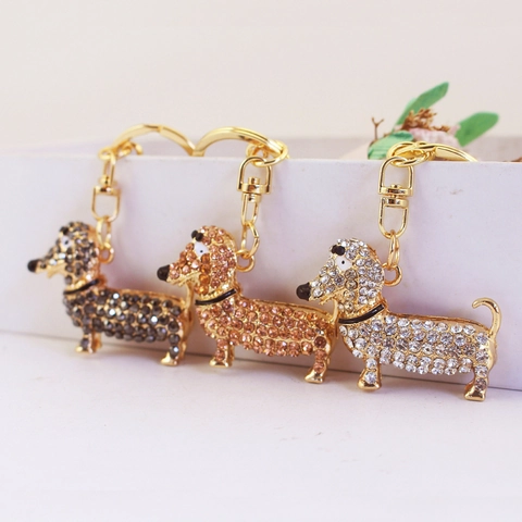 Zinc Alloy Cute Rhinestone Dachshund Keychain Crystal Dog Animal Bag Pendant Metal Key Ring For Women Men Birthday Gift