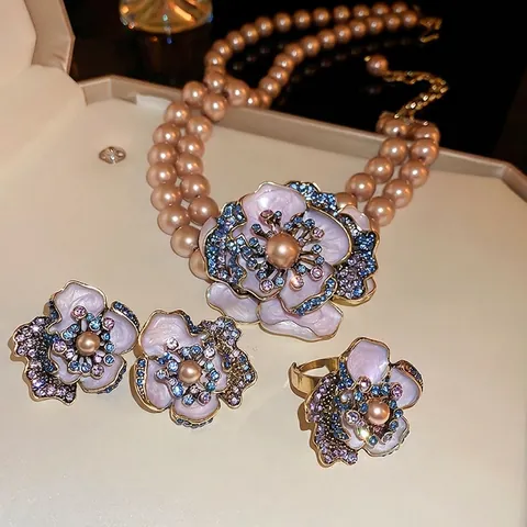 Vintage Enamel Flower Jewelry Set Faux Artificial Pearl Necklace Earrings Ring For Women Elegant Palace Style Silver Earring Post