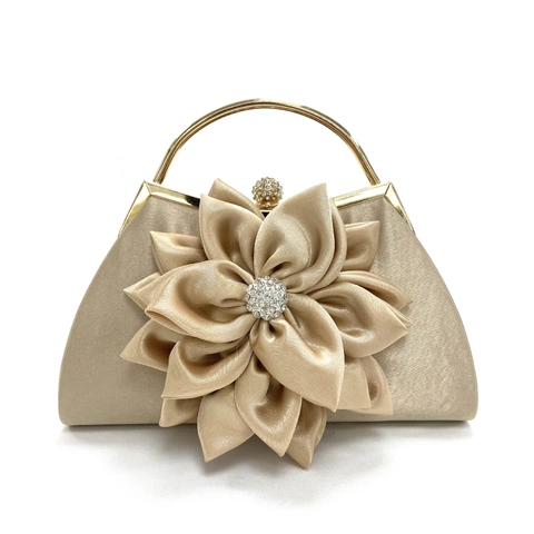 Dames Avondtas Satin Clutch Met 3D Bloem Metalen Handvat Strass Elegant Feest Bruiloft Handtas
