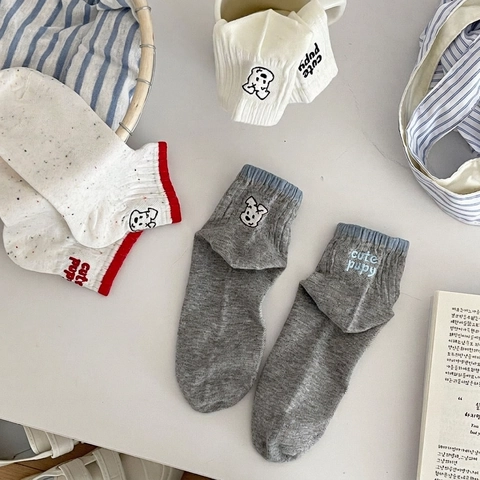 Women Ankle Socks Combed Cotton Breathable Casual Korean Ins Style Cute Dog Embroidery Low Cut Hosiery
