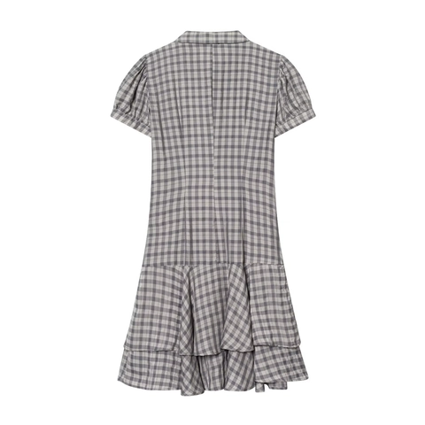 Vestito Mini A Quadri Da Donna Raso Cupro Maniche Corte Orlo A Volant Sovrapposto Bottoni Collo Revers