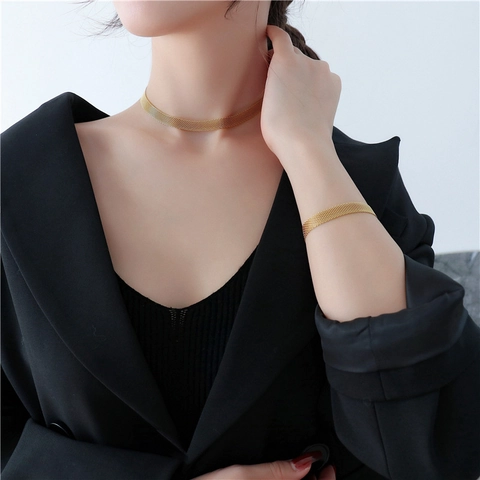 Collana A Catena In Maglia Dorata Vintage Acciaio Inossidabile Girocollo Intrecciato Milanese Piatto Per Donna Hip Hop Minimalista