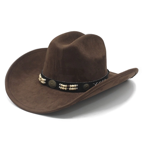 Western Cowboy Hat Retro Suede Wide Brim Ethnic Bead Decorative Belt Boho Outdoor Jazz Fedora For Men Women
