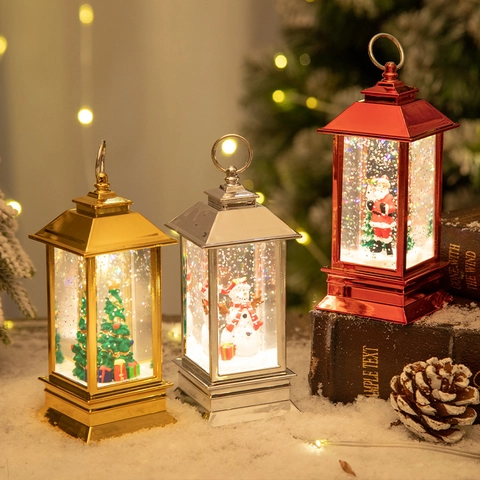 Christmas Lantern Water Snow Globe Electroplated Plastic Frame Retro LED Night Light Holiday Table Decor Santa Snowman Tree
