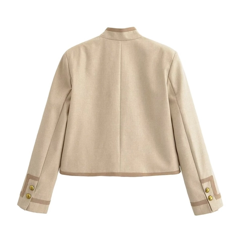 Dames Retro Kort Kostuumjasje Chinese Knoop Staande Kraag Elegant Beige Lange Mouwen Bovenkleding