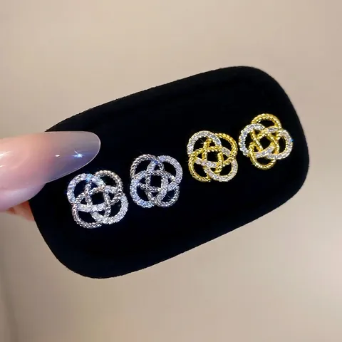 Hollow Flower Knot Stud Earrings With Cubic Zirconia Copper Base And Silver Earring Post Elegant Fashion For Women