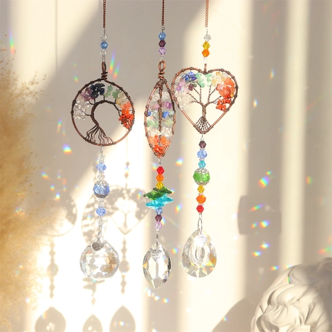 Arbre de la Vie Fait Main Cristal Suncatcher Ornement Suspendu Perles Colorées Prisme Optique pour Noël Jardin Maison Fête Mur Décoration