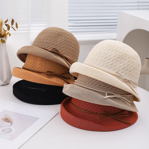 Woven Bucket Hat Breathable Sun Protection Summer Beach Hollow Knit Cloche Hat With Bow Decoration Adjustable For Women