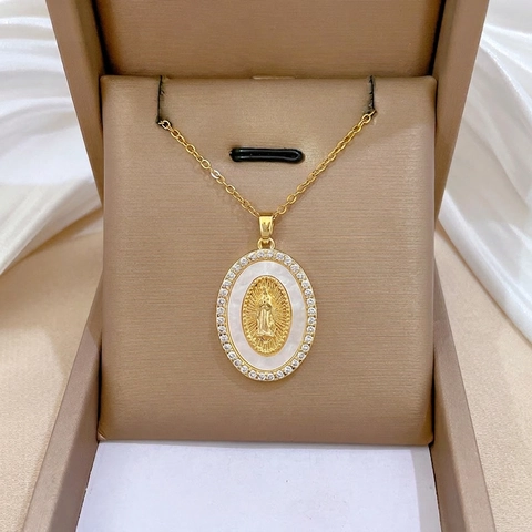 Collier Pendentif Ovale Vierge Marie Chaîne Acier Inoxydable Cuivre Micro Pave Zircon Nacre Bijoux Religieux Femmes