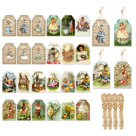 Etichette Regalo Di Pasqua Carta Vintage Etichetta Appesa Con Corda Di Canapa Per Decorazione Di Festa Illustrazione Retro Stile Coniglio Uovo