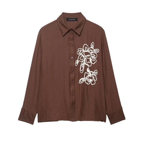 Dames Shirt Lange Mouwen Bruin Textuur Blouse Bloemenborduurwerk Knoopsluiting Elegant Casual Top