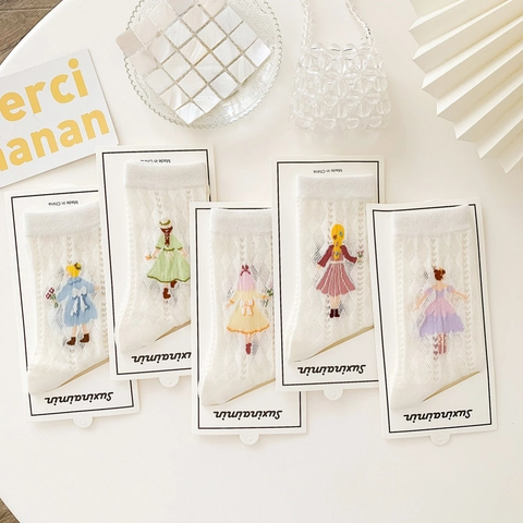 Women White Mesh Crew Socks Cotton Breathable Hollow Out Japanese Style Cute Cartoon Girl Embroidery Sweet