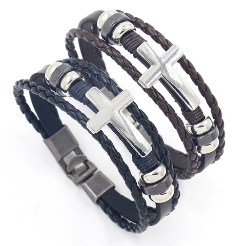 Bracciale Da Uomo In Pelle Intrecciata Multistrato Con Ciondolo A Croce In Metallo E Perline Stile Punk Retro Gioielli