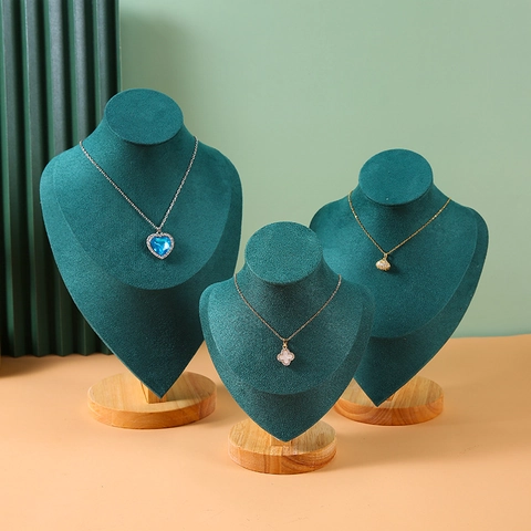 Necklace Display Stand Solid Wood Base Velvet Portrait Bust Jewelry Pendant Holder Showcase Organizer