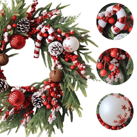 Couronne De Noël Guirlande Aiguilles De Pin Artificielles Pommes De Pin Baies Rouges Cannes De Bonbon Décoration Pour Porte Mur