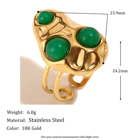 Verstellbarer Ring Gehämmerte Textur 18K Vergoldet Edelstahl Mit Grünen Perlen Vintage Elegant Für Damen