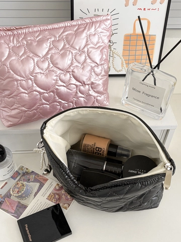 Borsa Trucco Trapuntata Cuore Impermeabile Grande Capacità Organizzatore Trucchi Pochette Viaggio Ciondolo Perla Artificial Chic