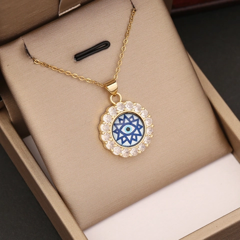 Evil Eye Anhänger Halskette Kupfer 18K Vergoldet Mikro Pave Zirkonia Rund Personalisierter Schmuck Für Frauen