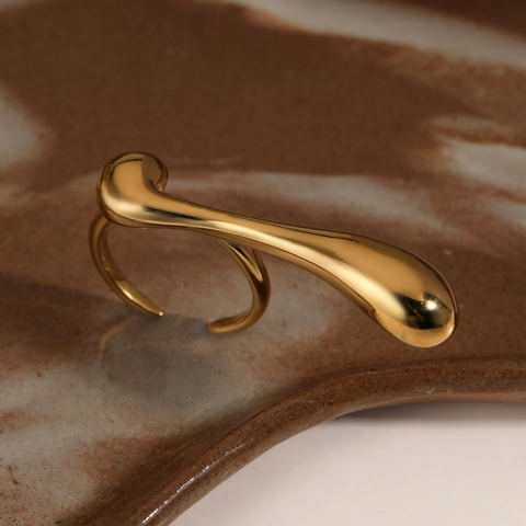 Edelstahl Ring Unregelmäßig Flüssigmetall Fluid Tropfen Offen Verstellbar Wasserdicht Gold Überzogen Minimalistisch Damen