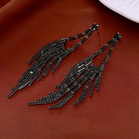 Pendientes De Borla Geométricos Cobre Diamante De Imitación Con Poste De Plata Vintage Lujo Negro Pistola Elegante