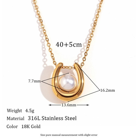 Collar Con Colgante De Herradura En Acero Inoxidable Chapado En Oro De 18K Con Perla Artificial De Imitación Joyería Retro Francesa