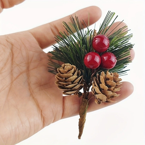 Artificial Christmas Pine Picks With Natural Pine Cones Red Berries For DIY Gift Box Holiday Tree Decoration Winter