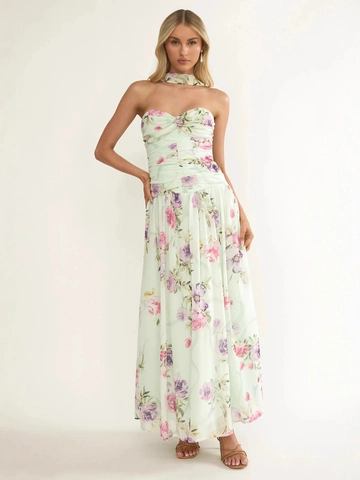 Blumenmuster Chiffon Maxikleid Volant Saum Spaghettiträger Rückenfrei Bodycon Bodenlang Elegant Sommer Urlaub Für Damen