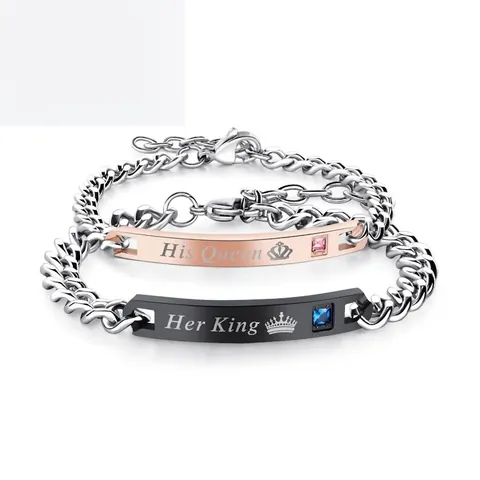 Romantic Stainless Steel Zirconia Couple Bracelet His Queen Her King Crown Pattern Curb Chain Jewelry Valentine Gift