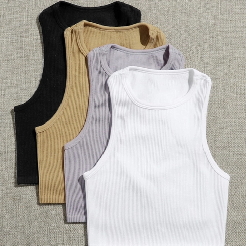 Women Ribbed Knit Tank Top Sleeveless Racerback Slim Fit Yoga Sports Running Crop Top Solid Color Soft Elastic