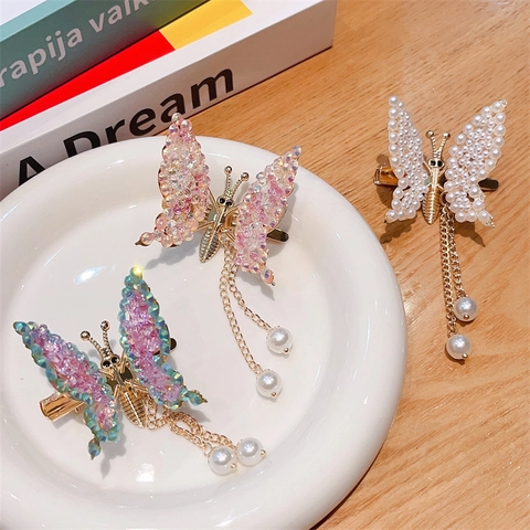 Pinza Para El Pelo De Mariposa Aleación Diamantes De Imitación Perla Artificial Tassel Alas Móviles Accesorios Dulces Niñas