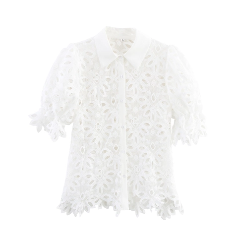 Blusa De Encaje Para Mujer Manga Corta Bordado Calado Cuello Solapa Camisa Con Botones Dobladillo Irregular Top Blanco Elegante